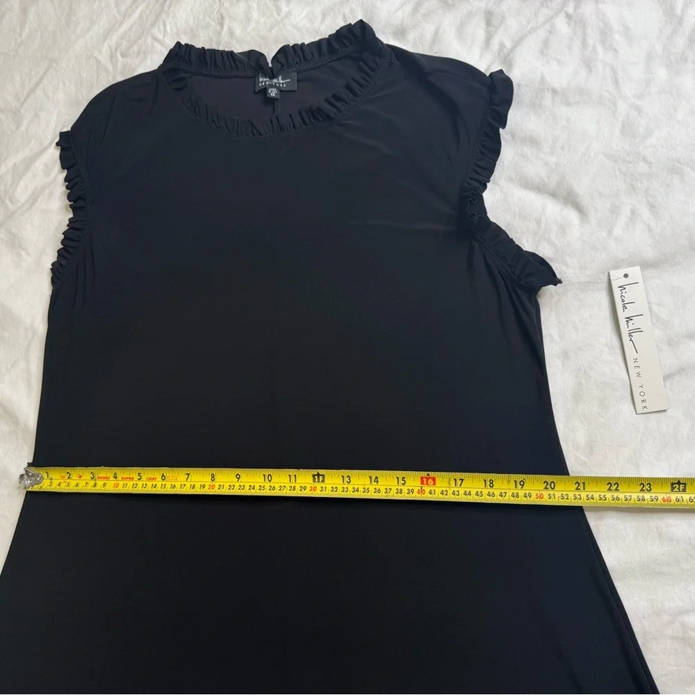 Nicole Miller New York 1X Black Ruffle Mock Neck Sleeveless A-Line Dress Stretch - Picture 11 of 12